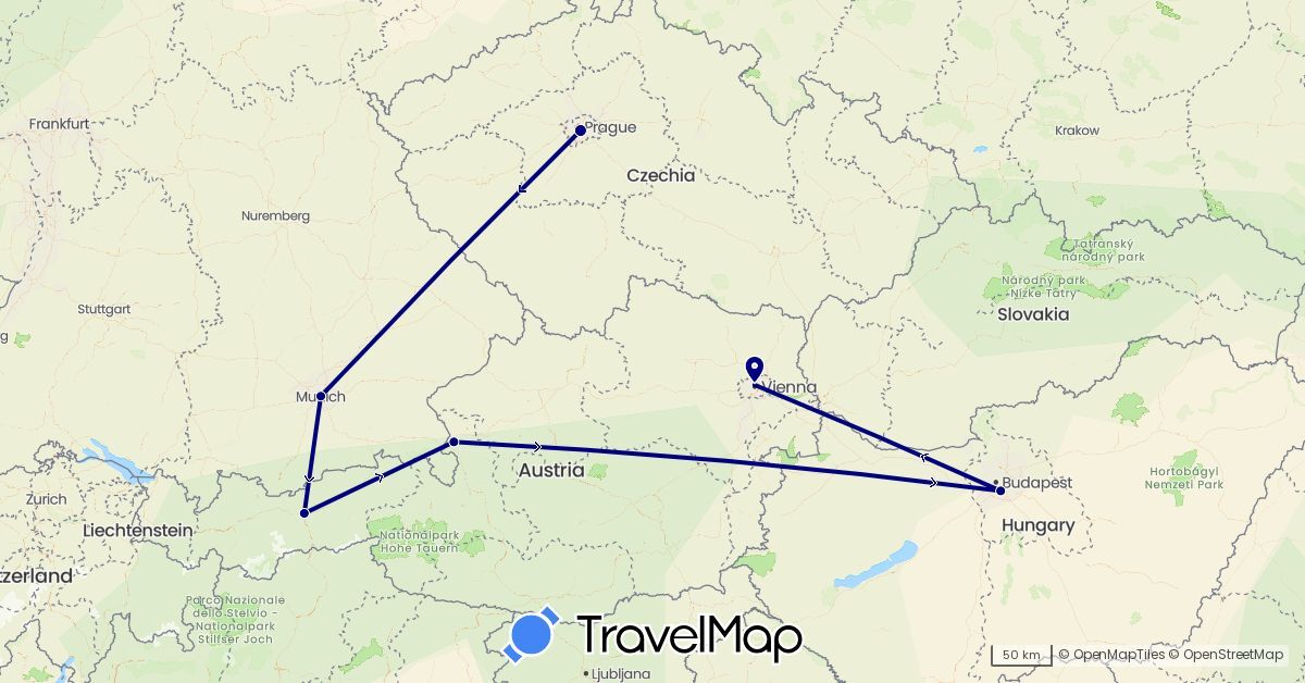 TravelMap itinerary: driving in Austria, Czech Republic, Germany, Hungary (Europe)